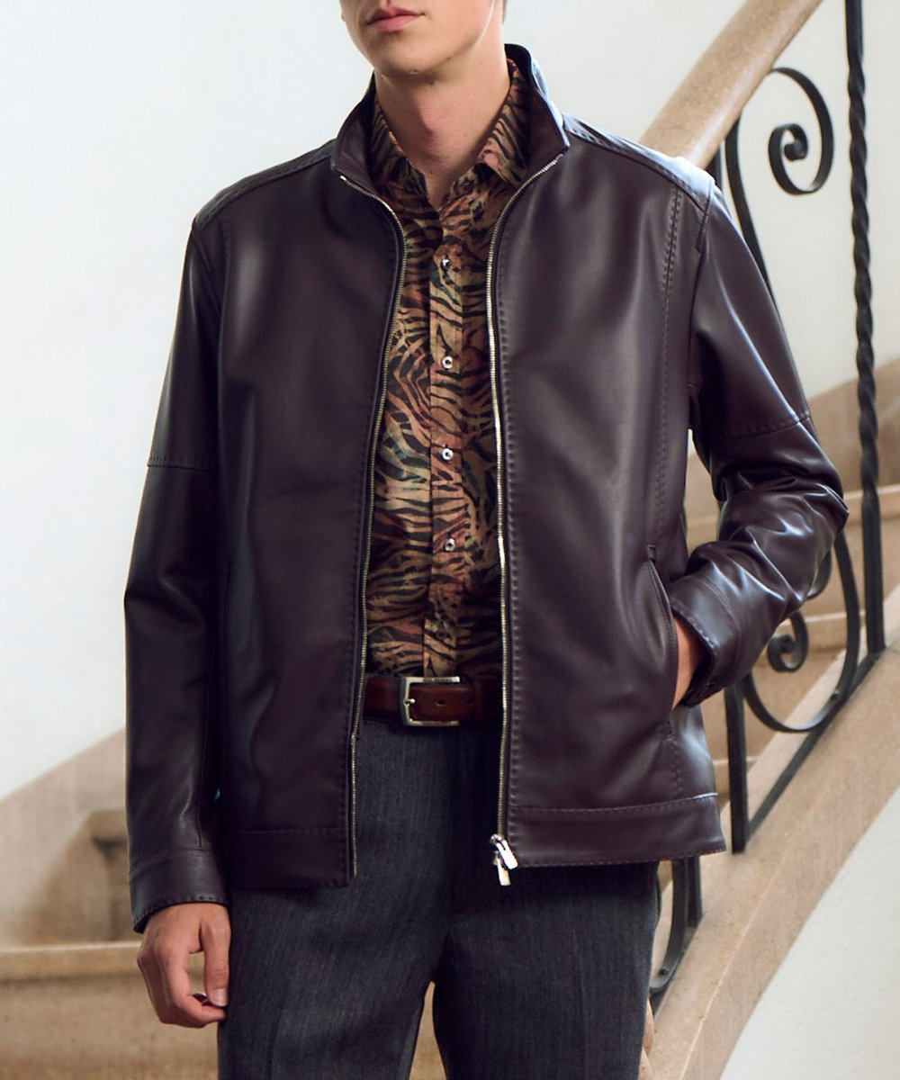 MEN'S BIGI スタンドカラーシングルライダース レザージャケット ボルドー