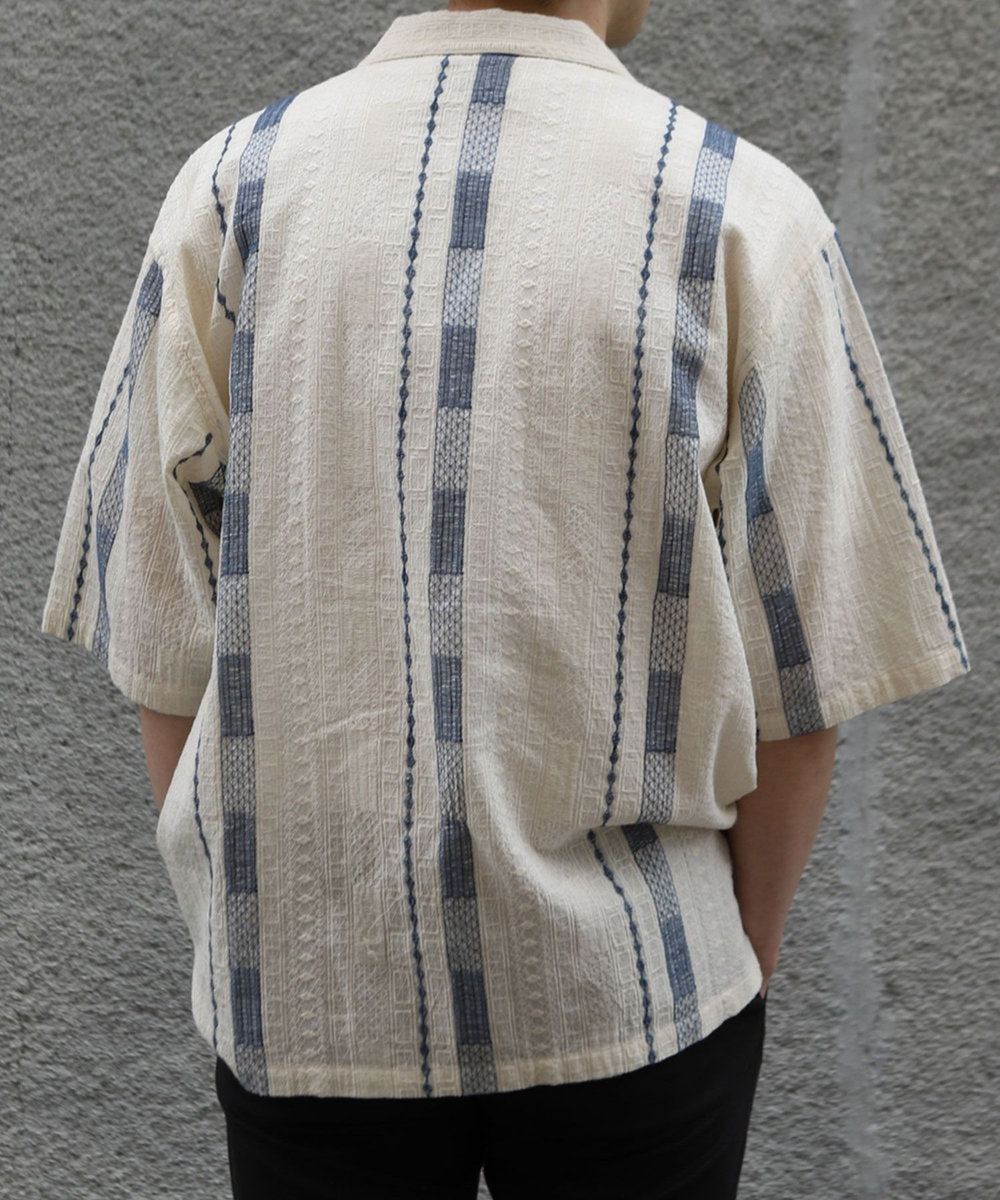 MEN'S BIGI 総柄刺繍オープンカラー半袖シャツ ホワイト