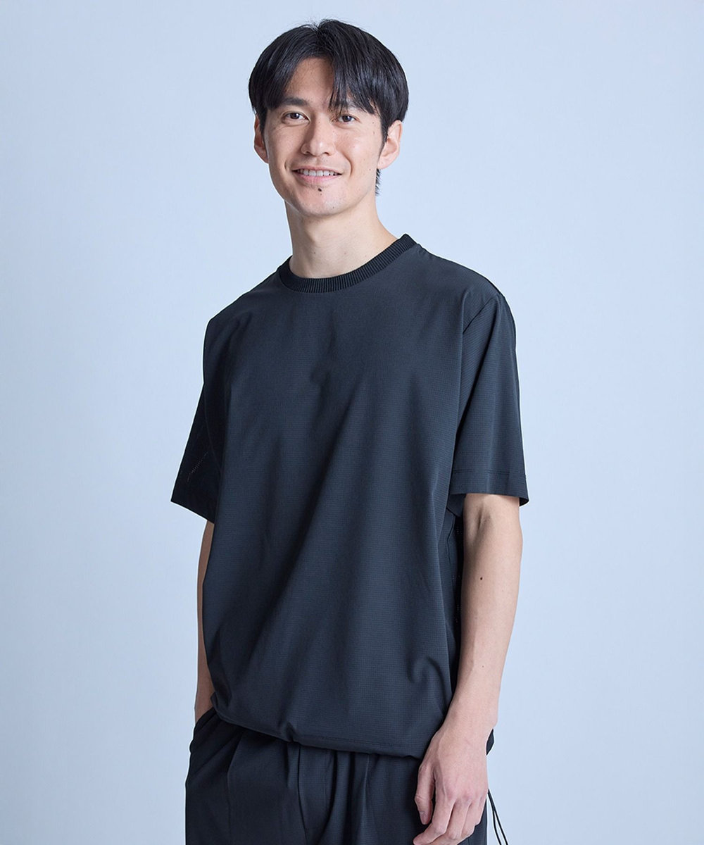 UNION STATION ドットメッシュドローコードTシャツ〈ストレッチ・マシンウォッシャブル・軽量・接触冷感・通気性〉 ブラック