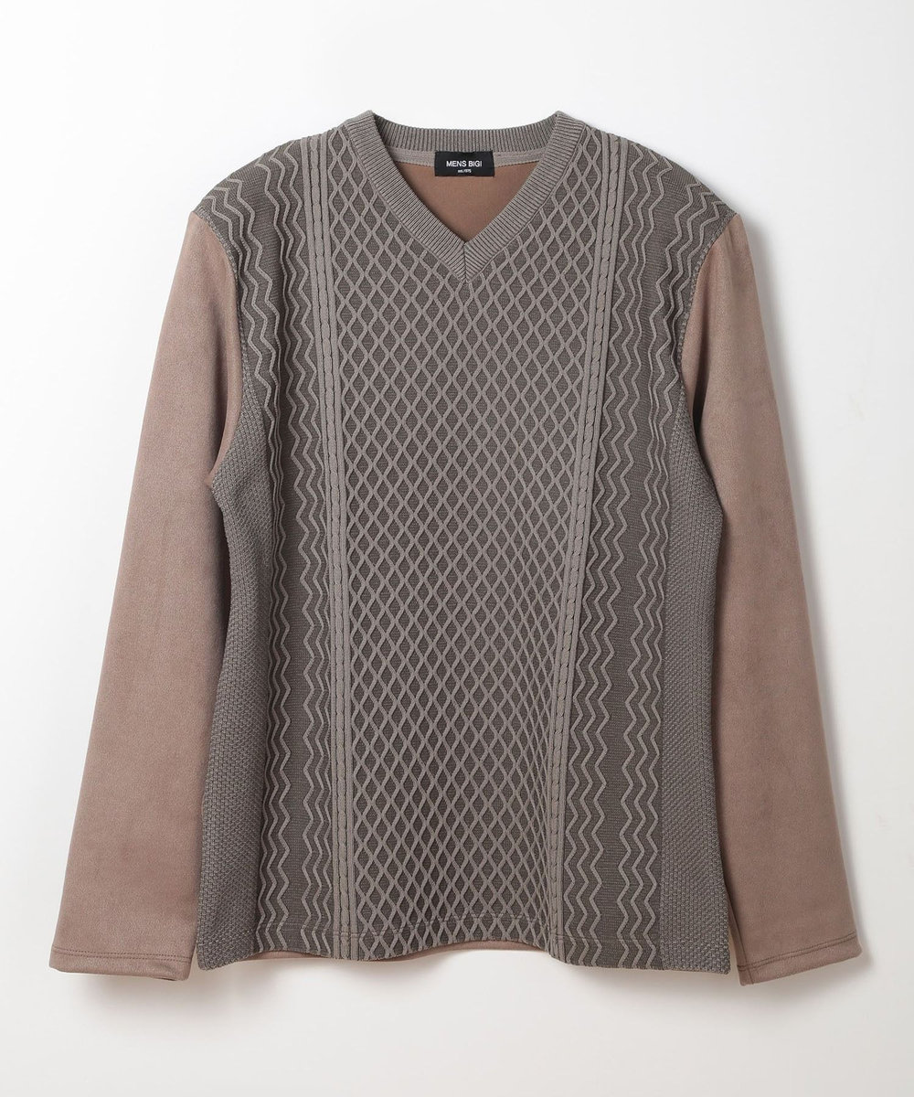MEN'S BIGI ニット×フェイクスエードVネックカットソー ブラウン