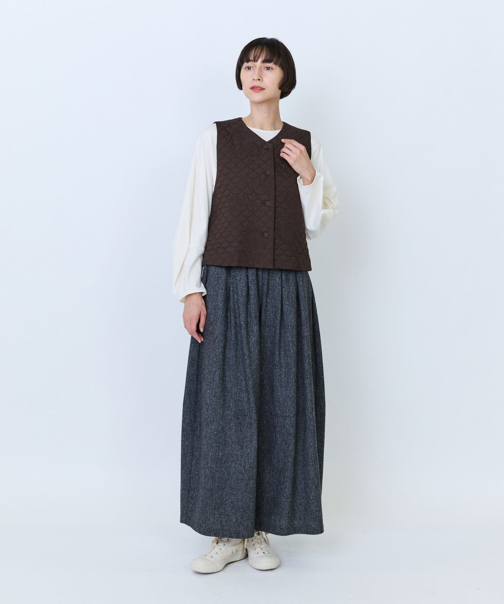 LOISIR コットンリネンキルティング風刺繍ベスト ブラウン