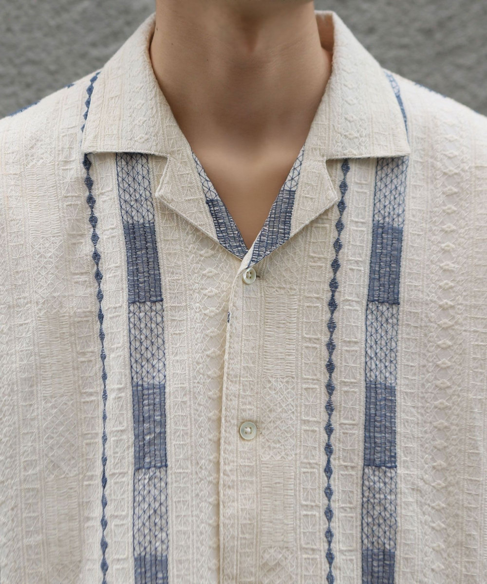 MEN'S BIGI 総柄刺繍オープンカラー半袖シャツ ホワイト