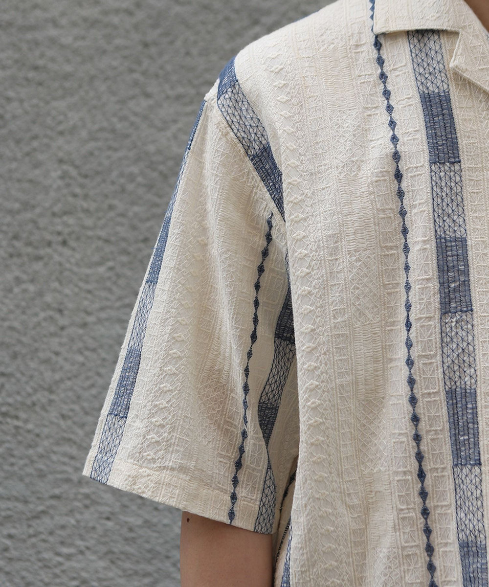MEN'S BIGI 総柄刺繍オープンカラー半袖シャツ ホワイト