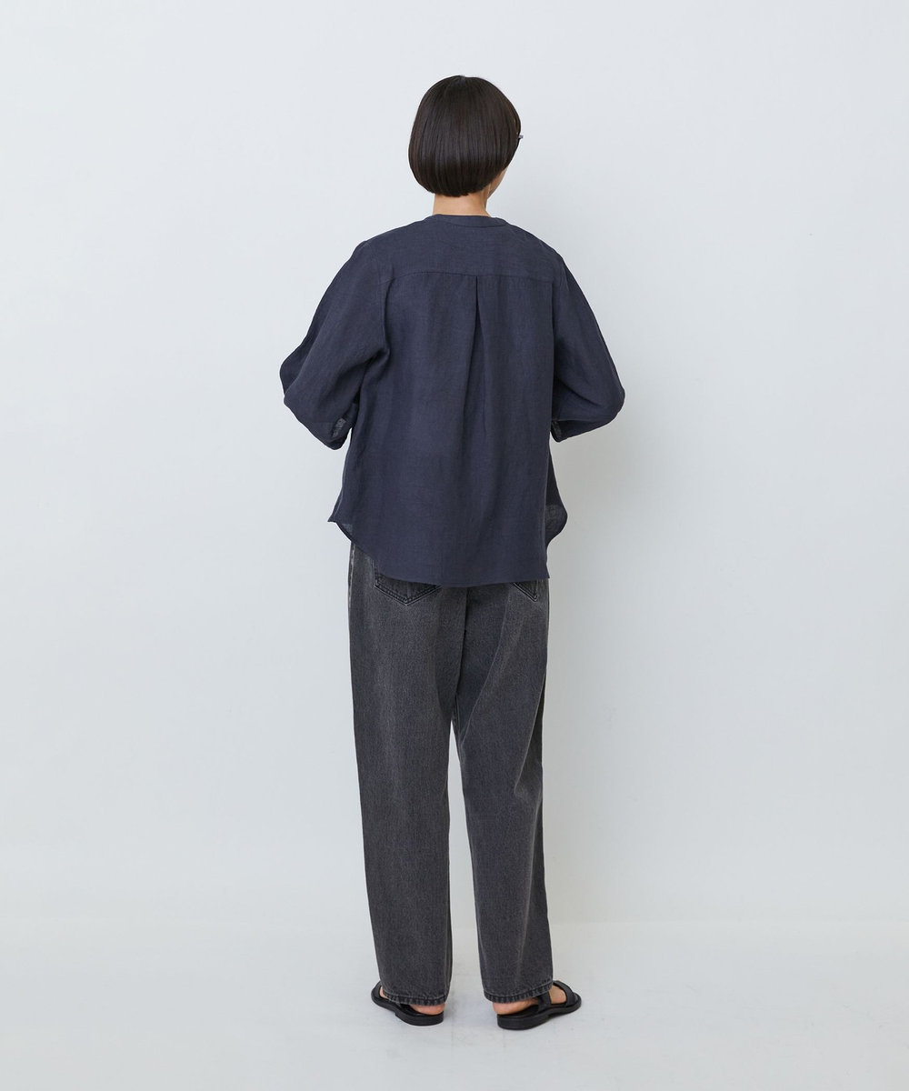 LOISIR グランジリネンフリルディテールブラウス ネイビー