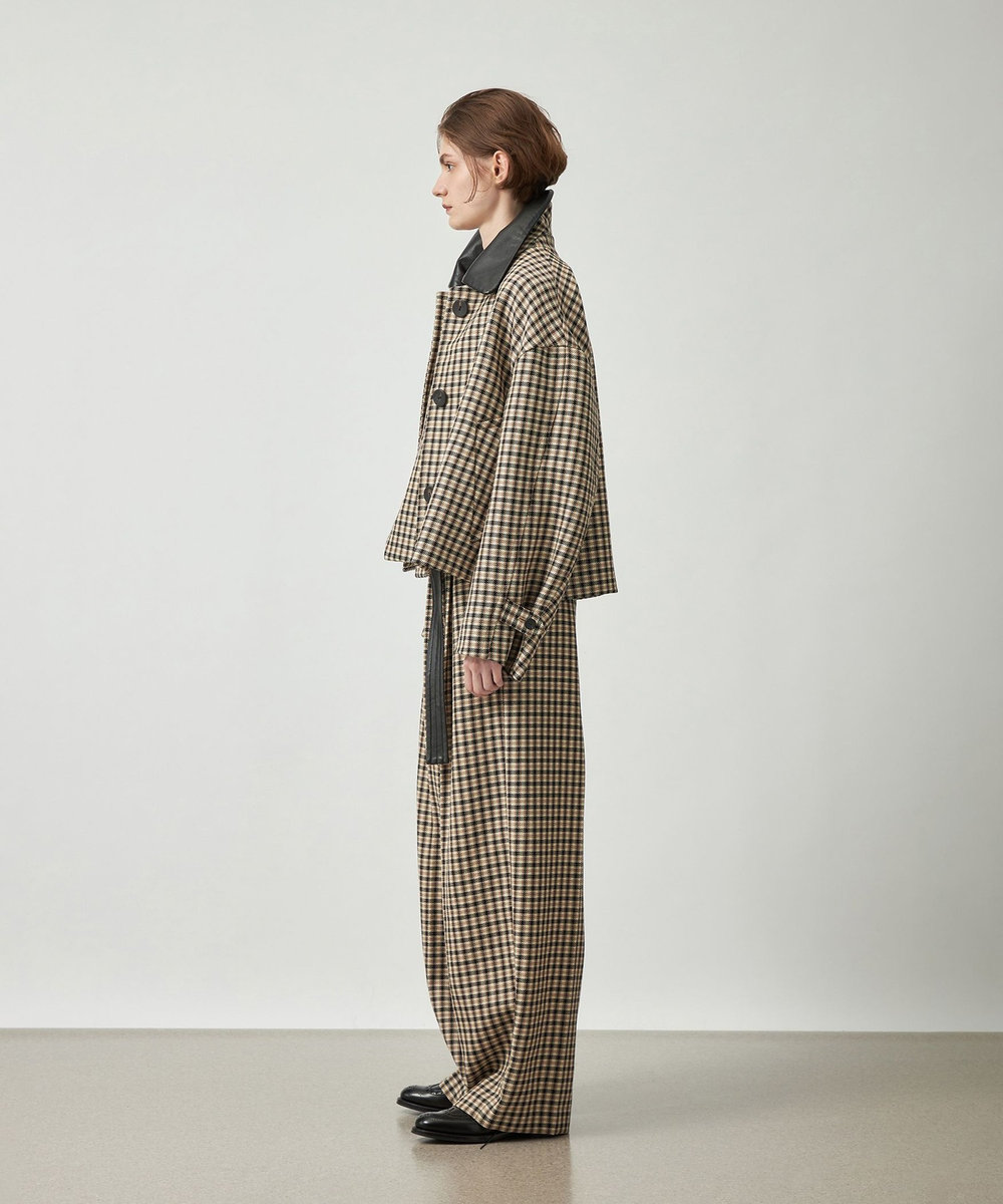 DÉPAREILLÉ WOOL CHECK LEATHER COLLAR BLOUSON / ウールチェックレザーカラーブルゾン ブラウン系その他