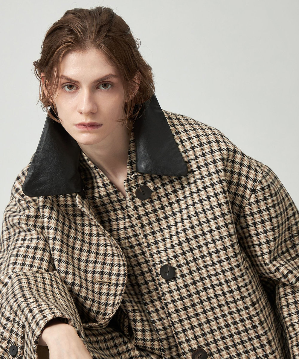 DÉPAREILLÉ WOOL CHECK LEATHER COLLAR BLOUSON / ウールチェックレザーカラーブルゾン ブラウン系その他