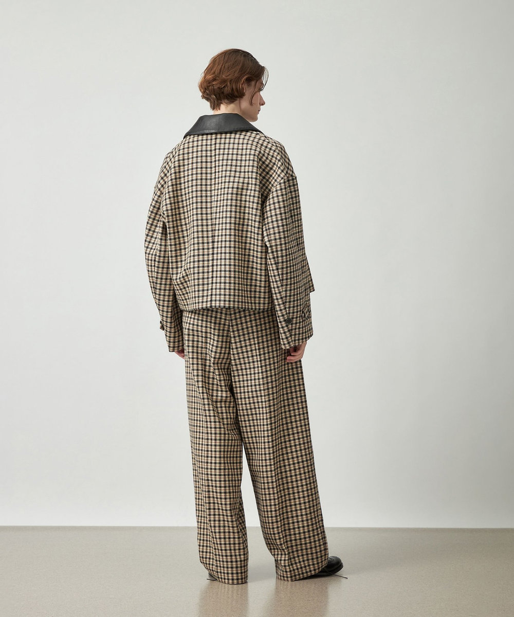 DÉPAREILLÉ WOOL CHECK LEATHER COLLAR BLOUSON / ウールチェックレザーカラーブルゾン ブラウン系その他