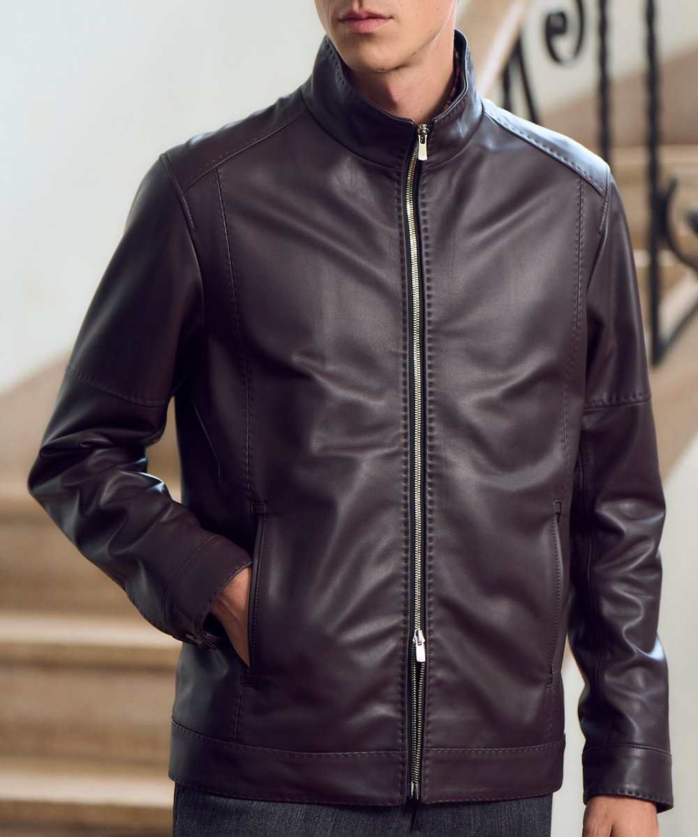 MEN'S BIGI スタンドカラーシングルライダース レザージャケット ボルドー