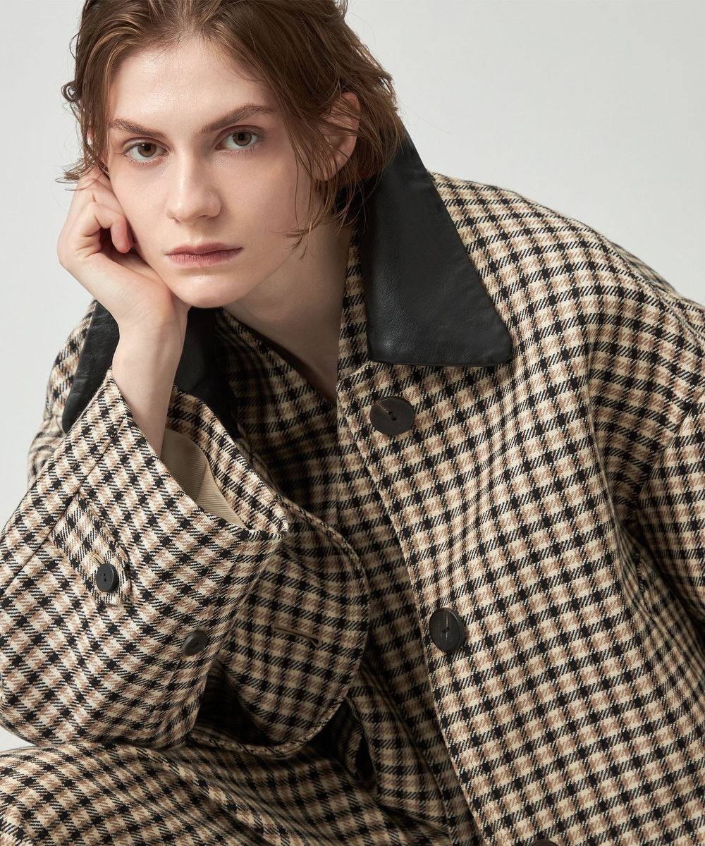 DÉPAREILLÉ WOOL CHECK LEATHER COLLAR BLOUSON / ウールチェックレザーカラーブルゾン ブラウン系その他