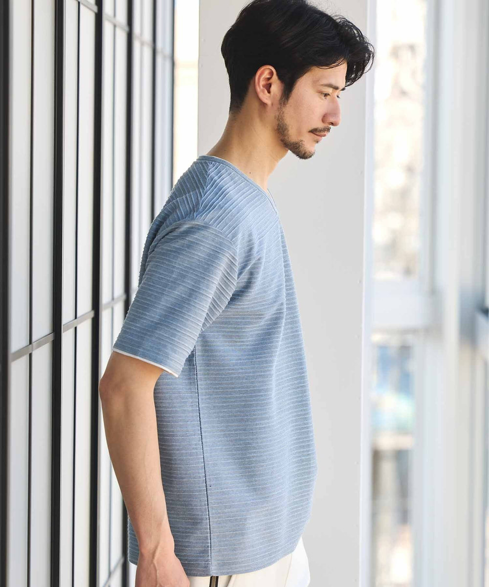 UNION STATION タックジャガードVネックTシャツ ライトブルー