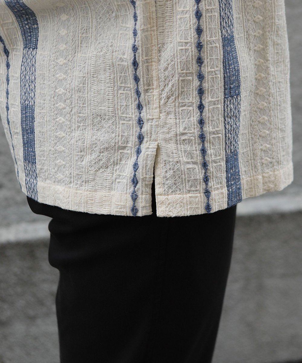 MEN'S BIGI 総柄刺繍オープンカラー半袖シャツ ホワイト