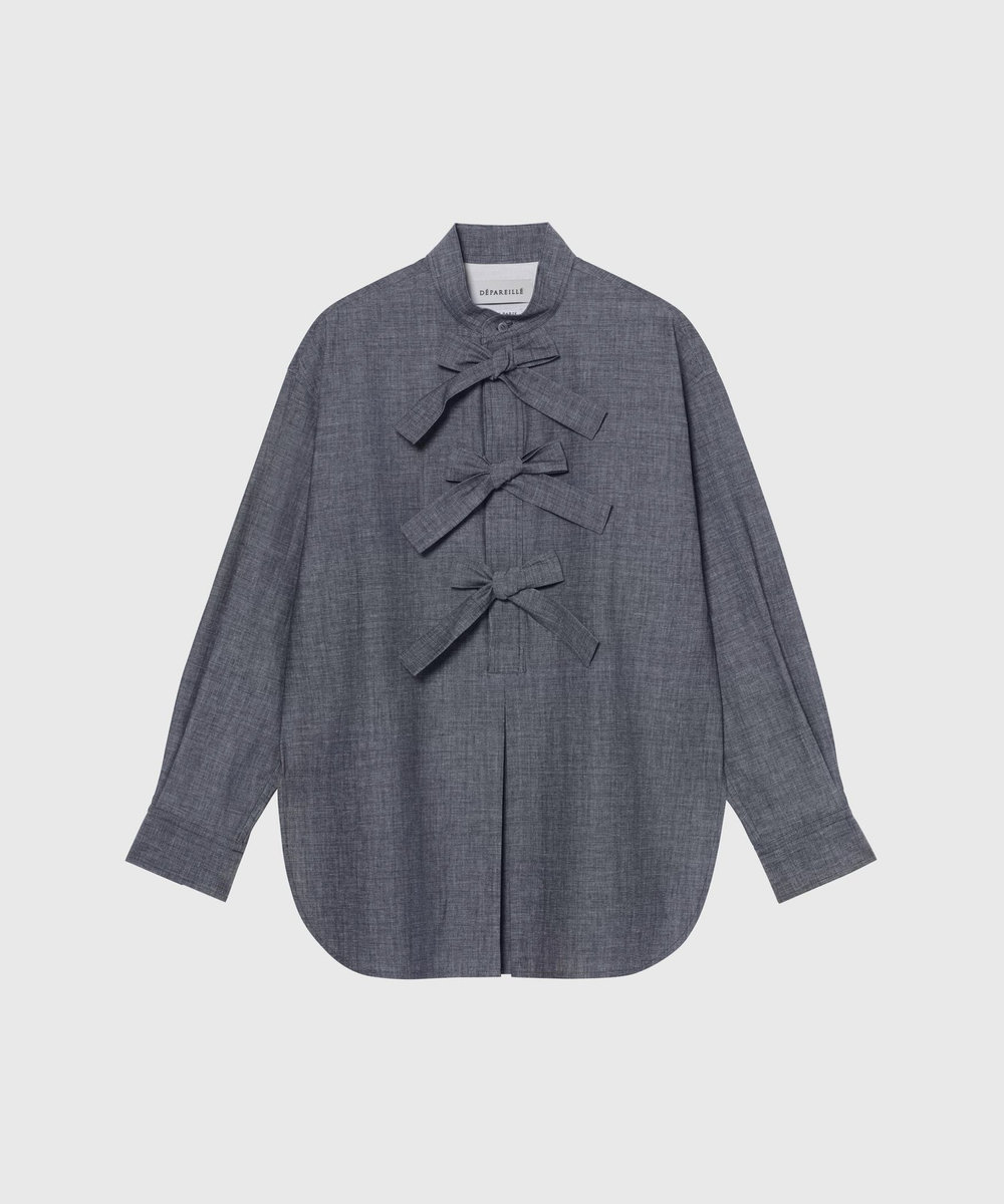 DÉPAREILLÉ 4.5OZ DENIM TRIPLE RIBBON BLOUSE / 4.5OZデニムトリプルリボンブラウス インディゴブルー