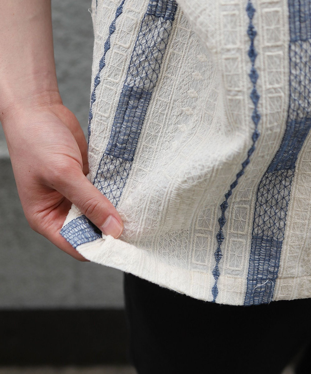 MEN'S BIGI 総柄刺繍オープンカラー半袖シャツ ホワイト