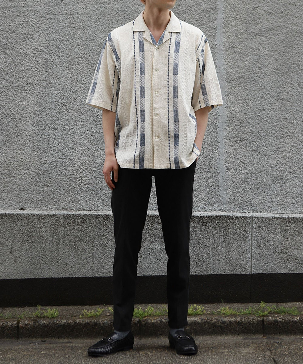 MEN'S BIGI 総柄刺繍オープンカラー半袖シャツ ホワイト