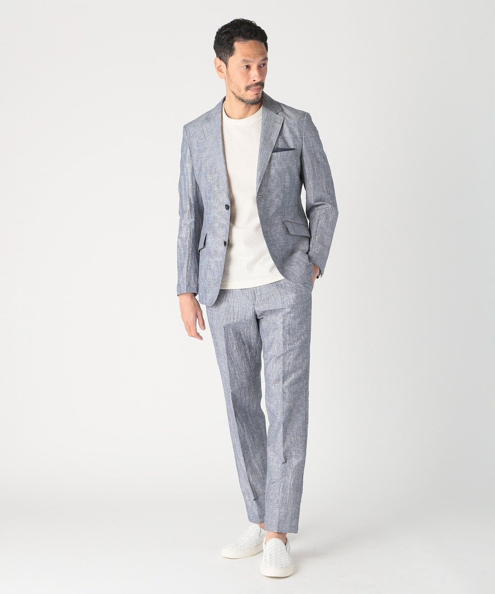 MEN'S BIGI コットンリネン楊柳サッカースラックスパンツ ネイビー