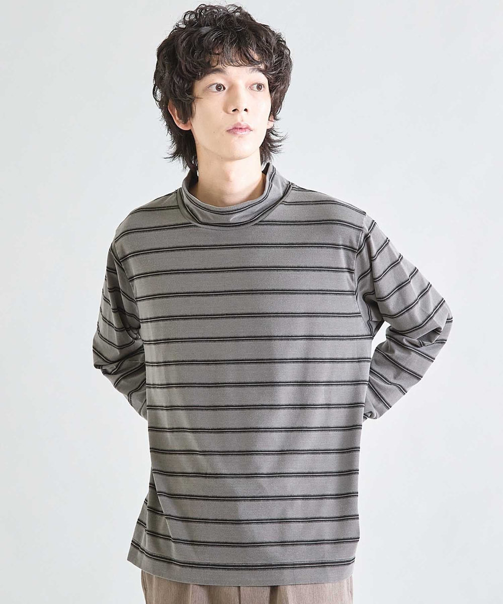 UNION STATION フェードジャガードボーダー モックネックTシャツ ブラック