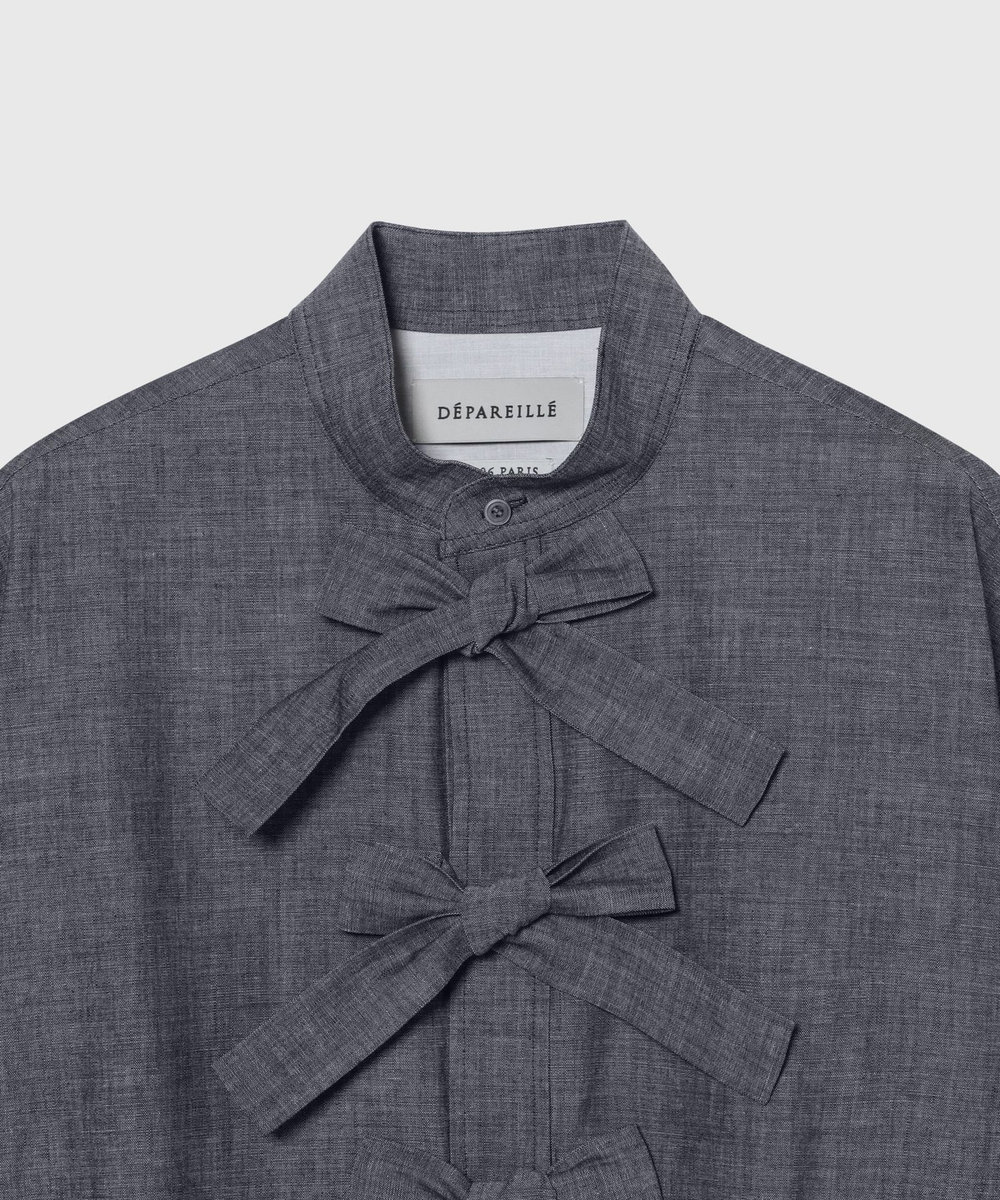 DÉPAREILLÉ 4.5OZ DENIM TRIPLE RIBBON BLOUSE / 4.5OZデニムトリプルリボンブラウス インディゴブルー