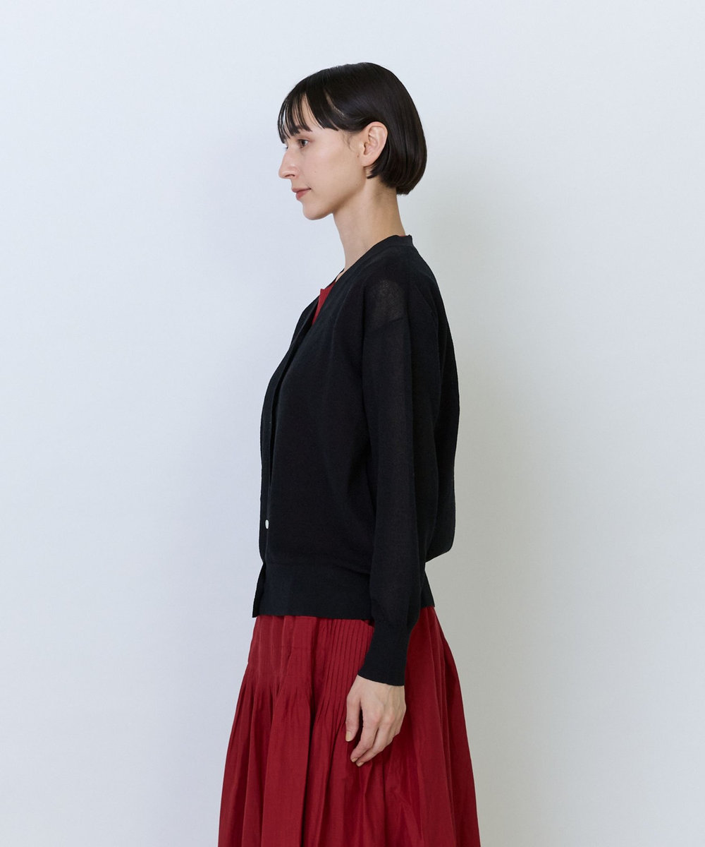 LOISIR 綿麻エステルダブルジャカード編みカーディガン ブラック