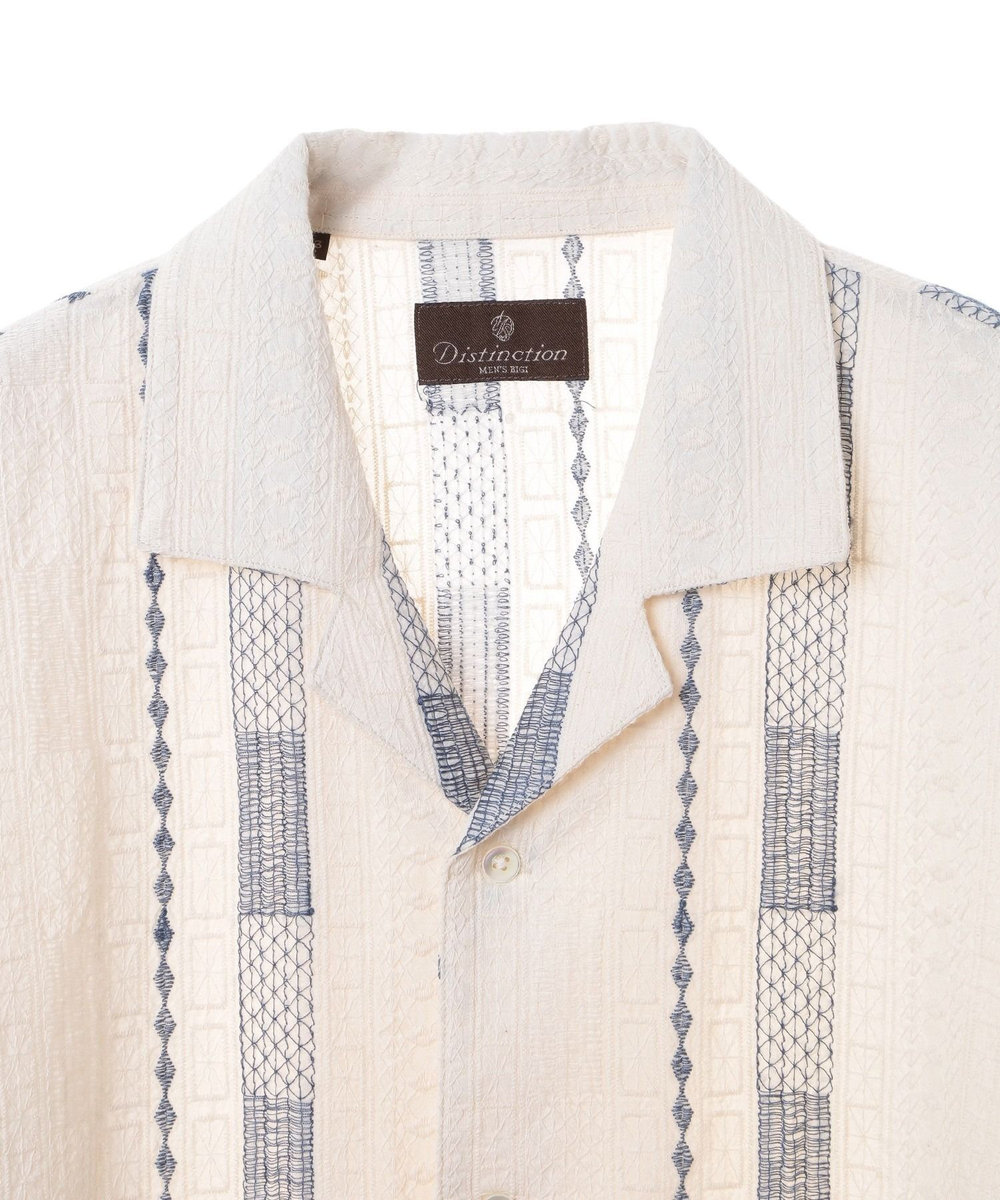 MEN'S BIGI 総柄刺繍オープンカラー半袖シャツ ホワイト