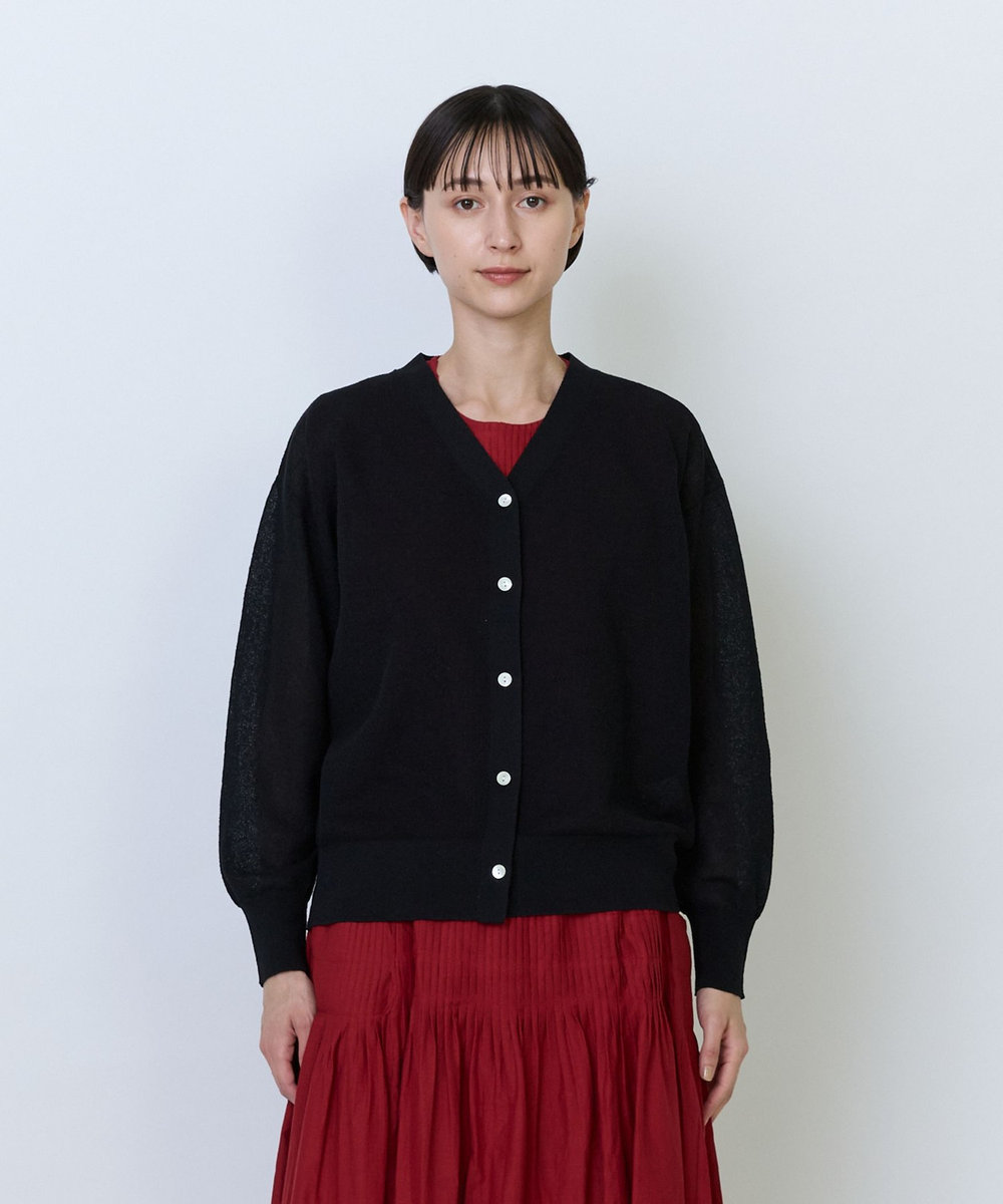 LOISIR 綿麻エステルダブルジャカード編みカーディガン ブラック