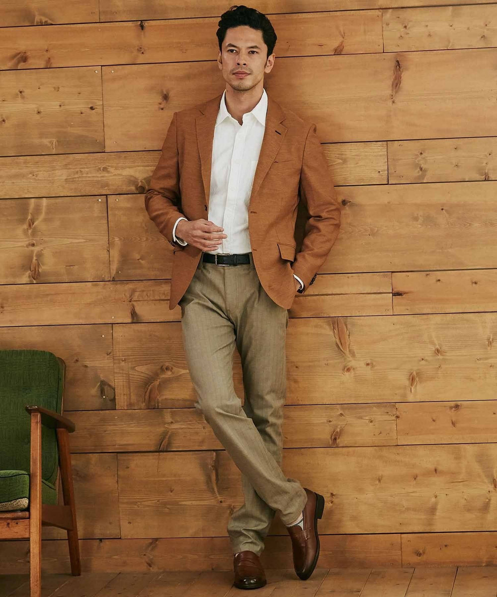 MEN'S BIGI ＜ON/OFF兼用＞シャドーヘリンボーンストレッチパンツ ベージュ