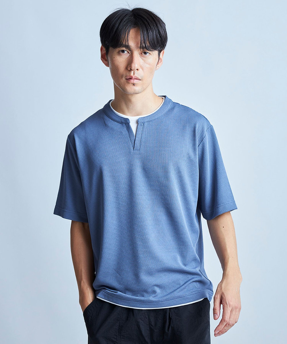UNION STATION 	ミニワッフルキーネックレイヤードTシャツ ブルー