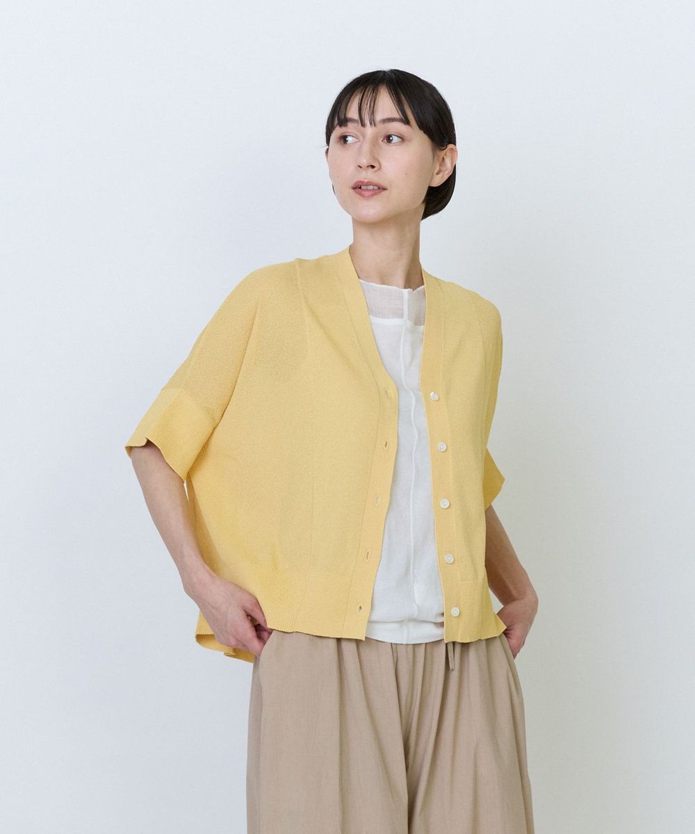 LOISIR エステルペーパー鹿の子編みカーディガン イエロー