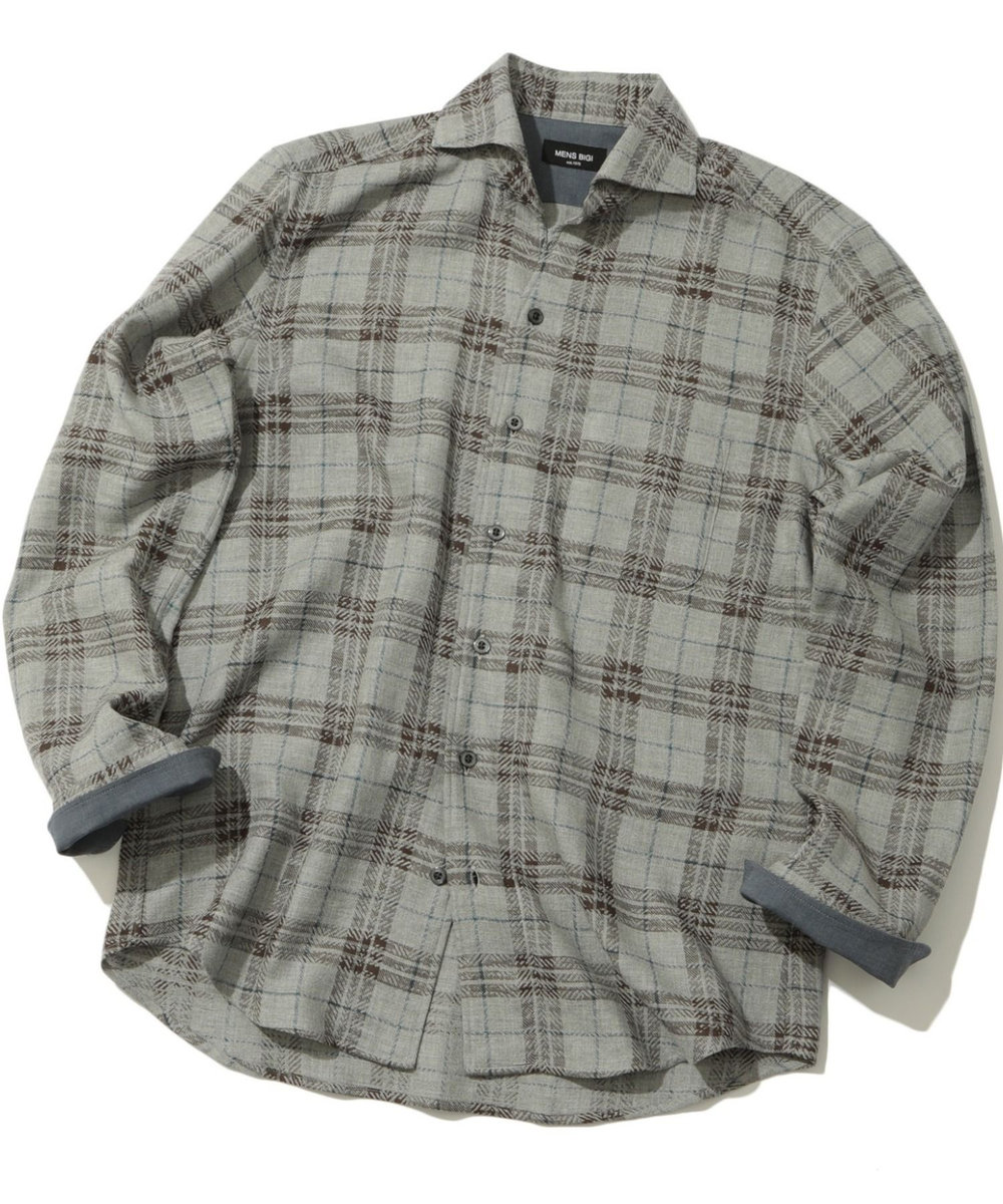 MEN'S BIGI カスレチェックジャガードカッタウェイスキッパーシャツ グレー系その他