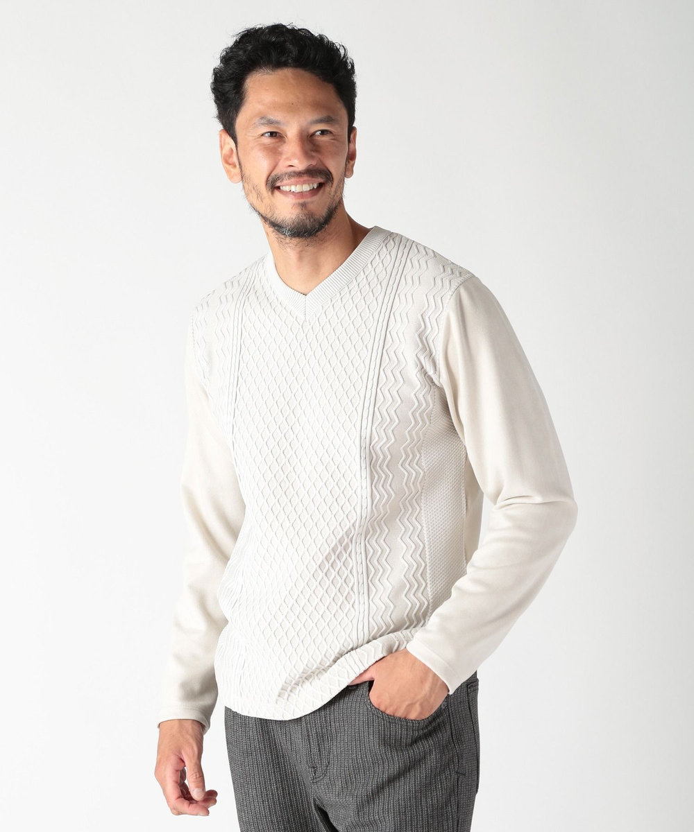 MEN'S BIGI ニット×フェイクスエードVネックカットソー グレー