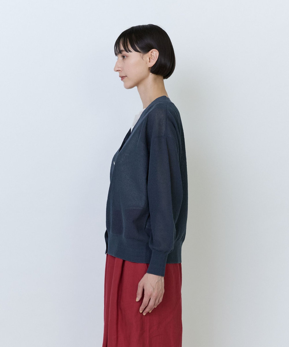 LOISIR 綿麻エステルダブルジャカード編みカーディガン ネイビー