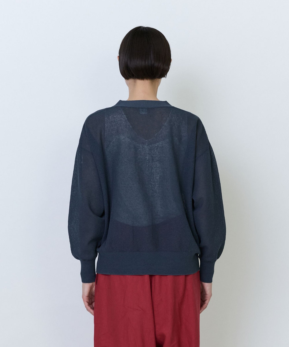 LOISIR 綿麻エステルダブルジャカード編みカーディガン ネイビー