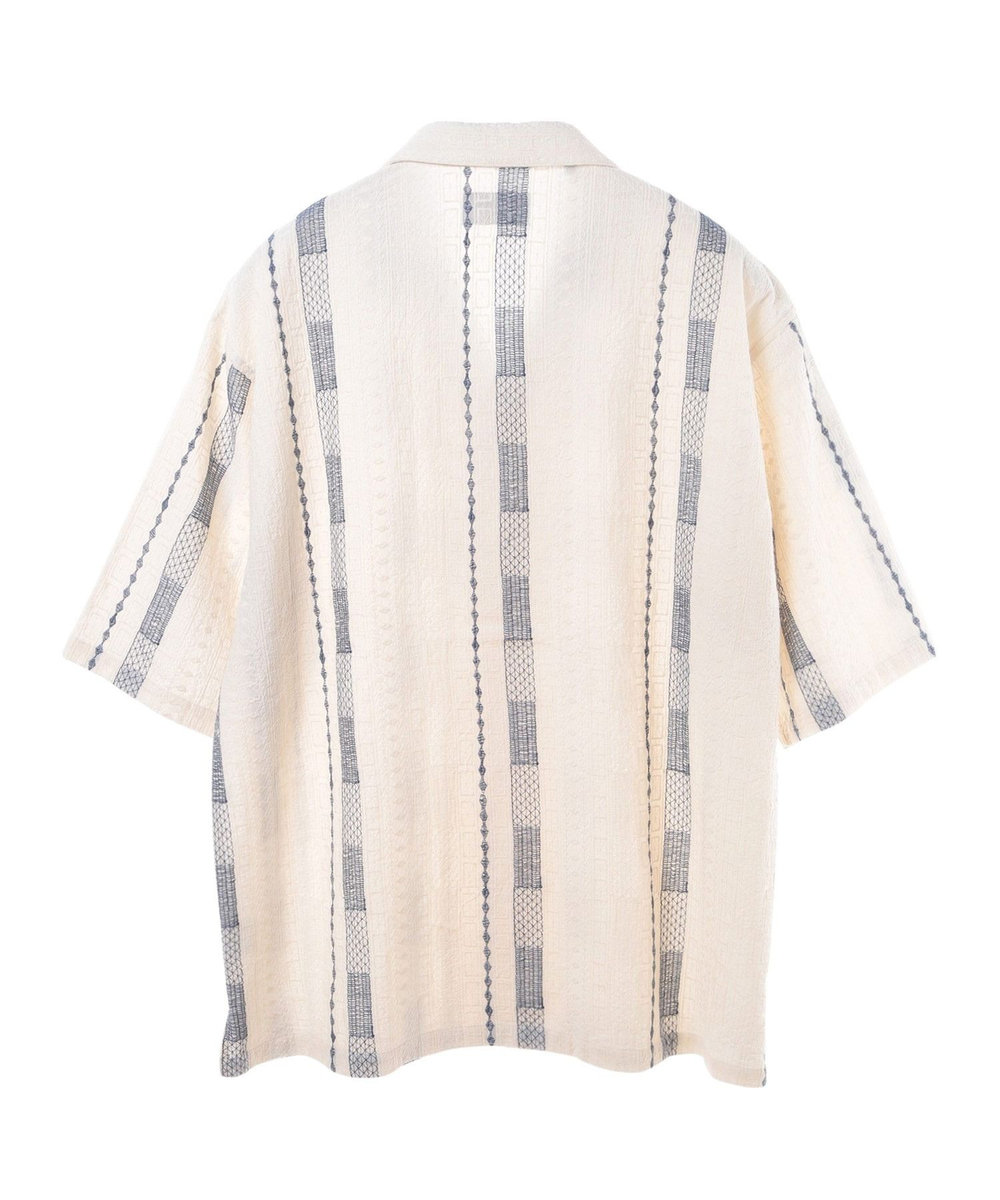 MEN'S BIGI 総柄刺繍オープンカラー半袖シャツ ホワイト