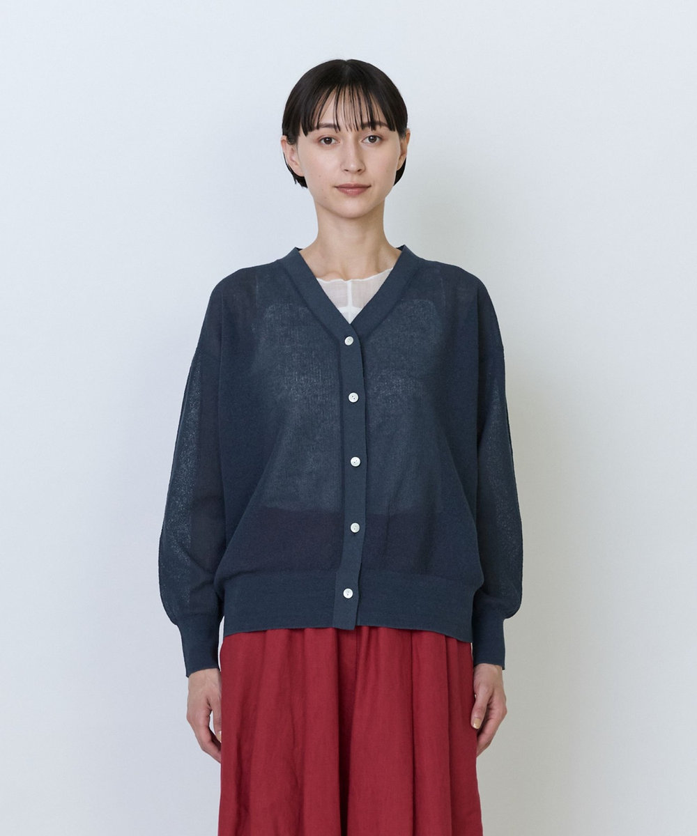 LOISIR 綿麻エステルダブルジャカード編みカーディガン ネイビー
