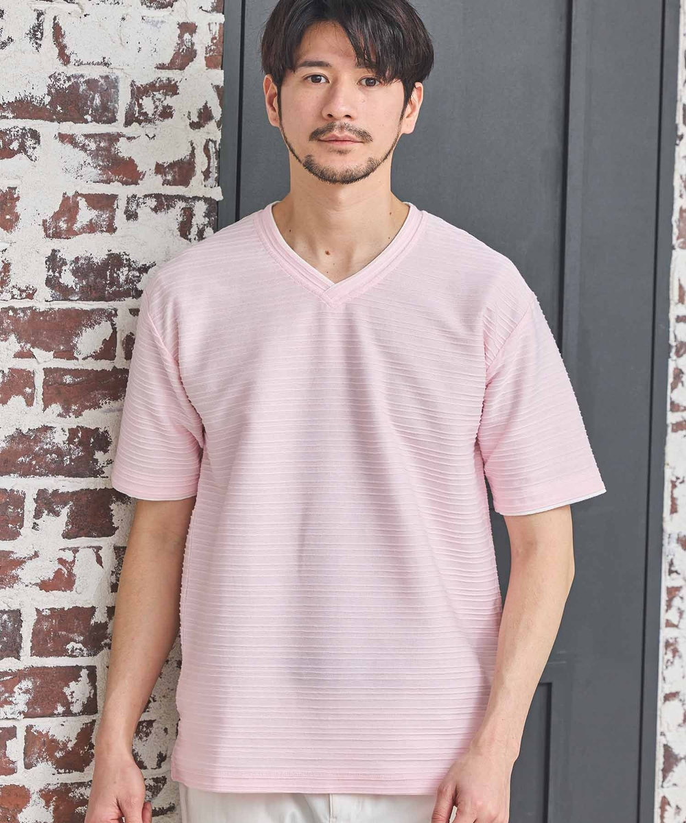 UNION STATION タックジャガードVネックTシャツ ピンク