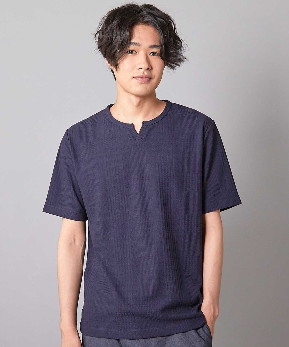 UNION STATION リンクスジャガード キーネックTシャツ ネイビー