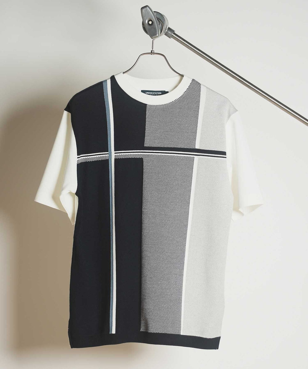 UNION STATION ニット×ポンチ切り替えTシャツ ホワイト