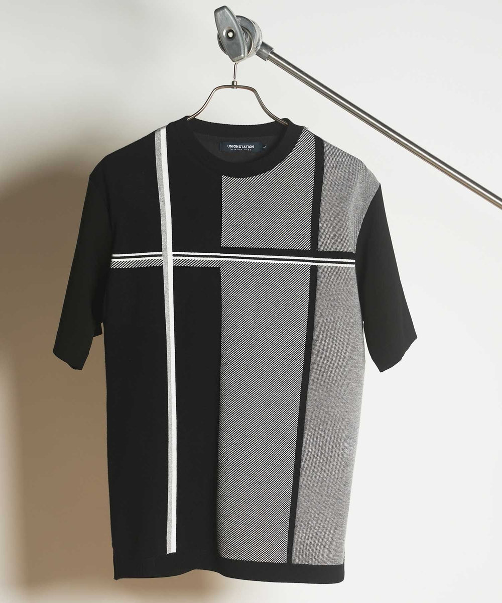 UNION STATION ニット×ポンチ切り替えTシャツ ブラック