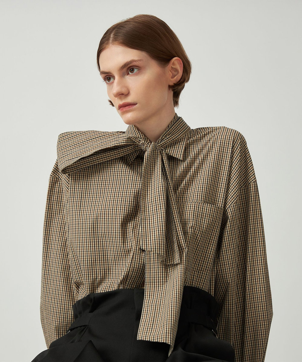 DÉPAREILLÉ CHECK BROAD BOW SHIRT / チェックブロードボウシャツ ブラウン