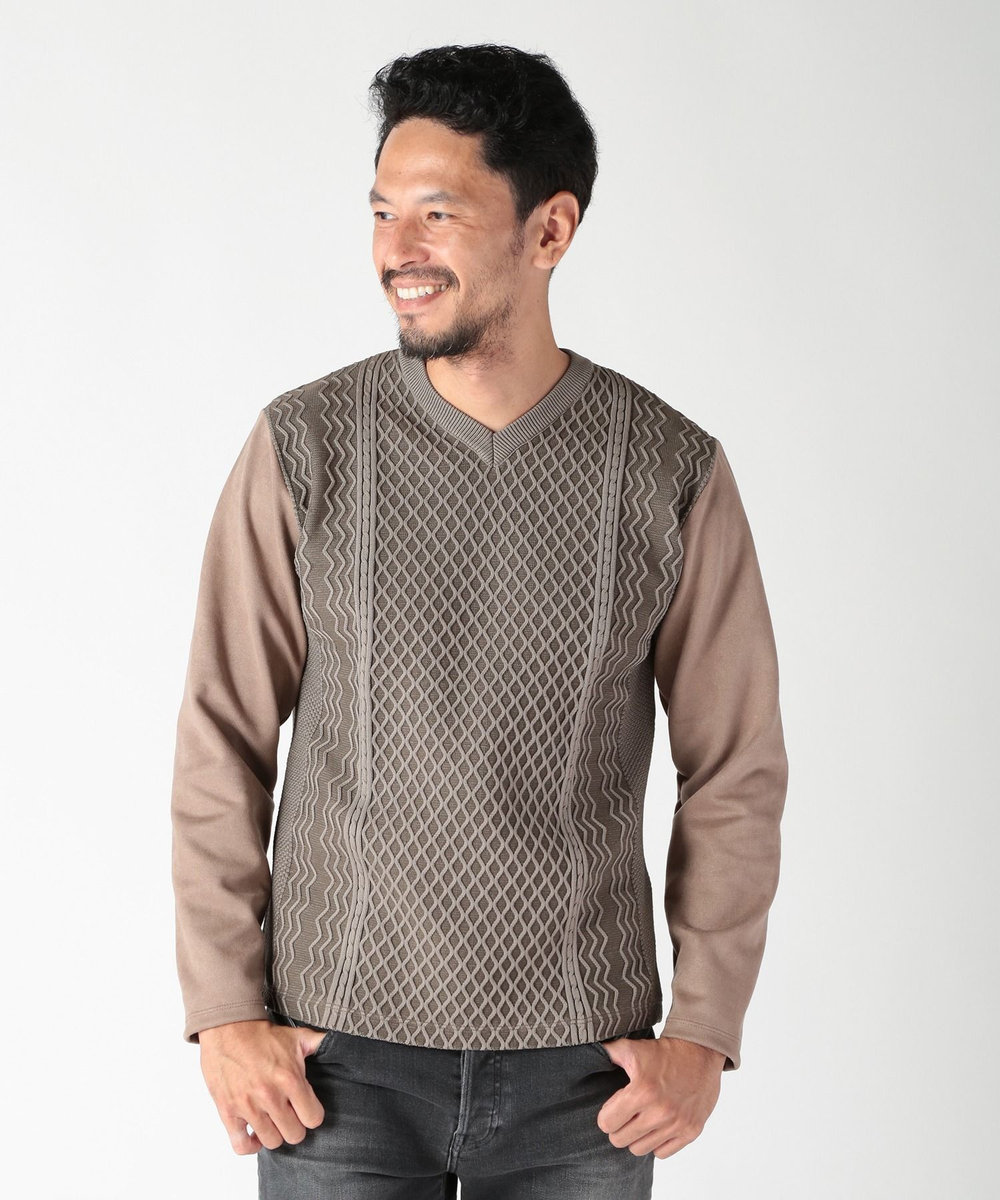 MEN'S BIGI ニット×フェイクスエードVネックカットソー ブラウン