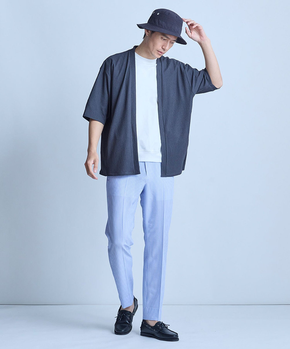 UNION STATION 【WEB限定】シア―5分袖ボタンレスカーディガン＜ストレッチ・ハンドウォッシャブル・接触冷感・通気性＞ チャコールグレー
