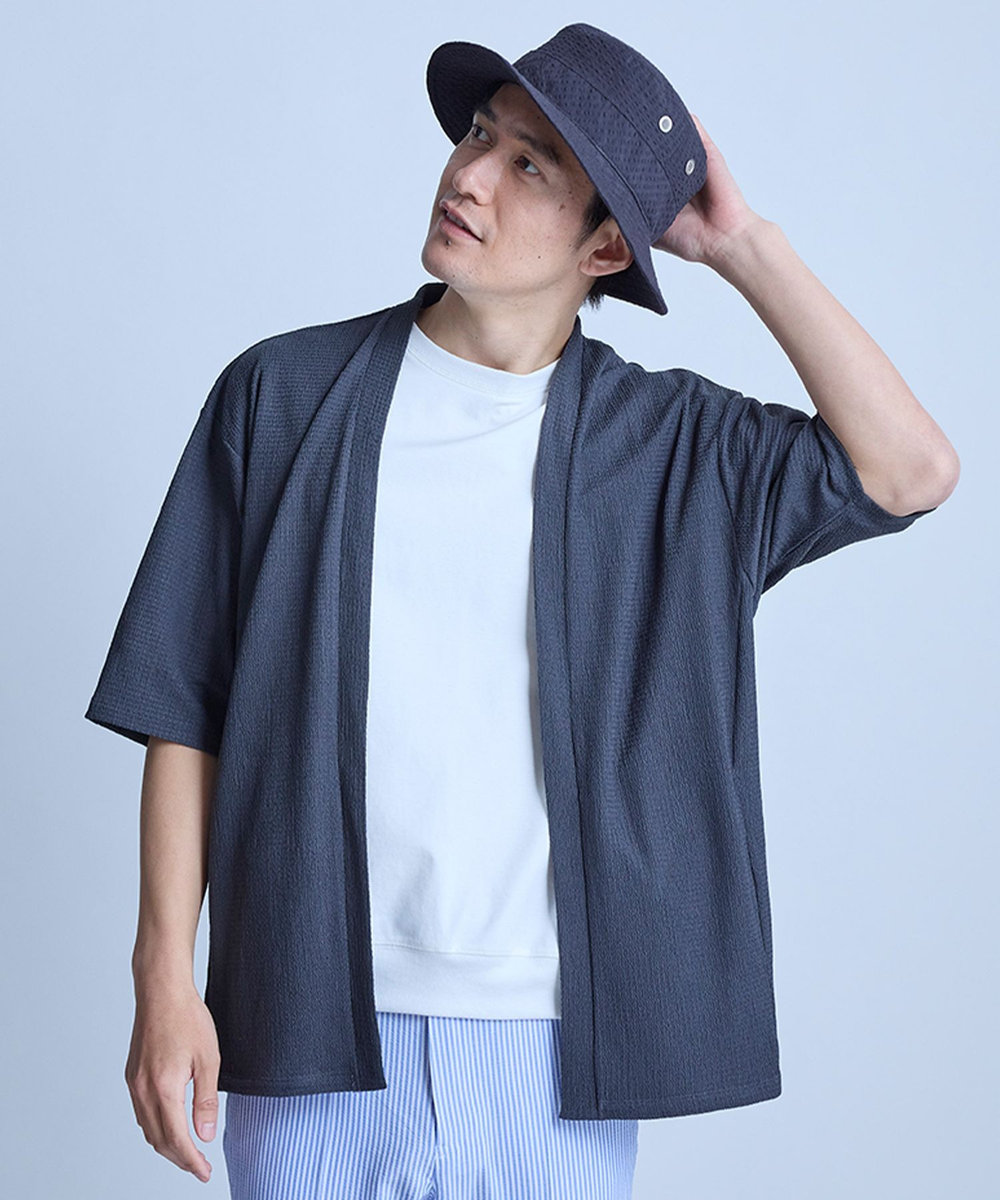 UNION STATION 【WEB限定】シア―5分袖ボタンレスカーディガン＜ストレッチ・ハンドウォッシャブル・接触冷感・通気性＞ チャコールグレー