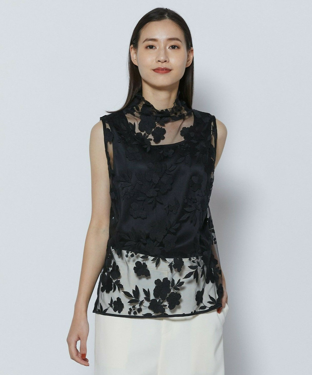 L'EQUIPE COUTURIER フラワーエンブロイダリーチュールノースリーブブラウス ブラック