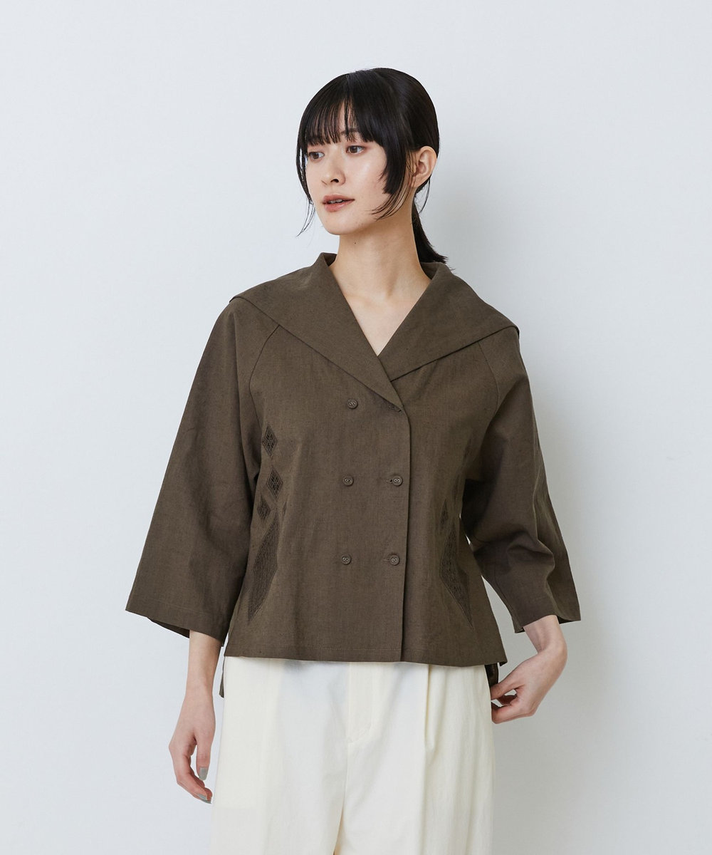 LOISIR コットンリネンクロス刺繍入りセーラーカラーブラウス カーキ