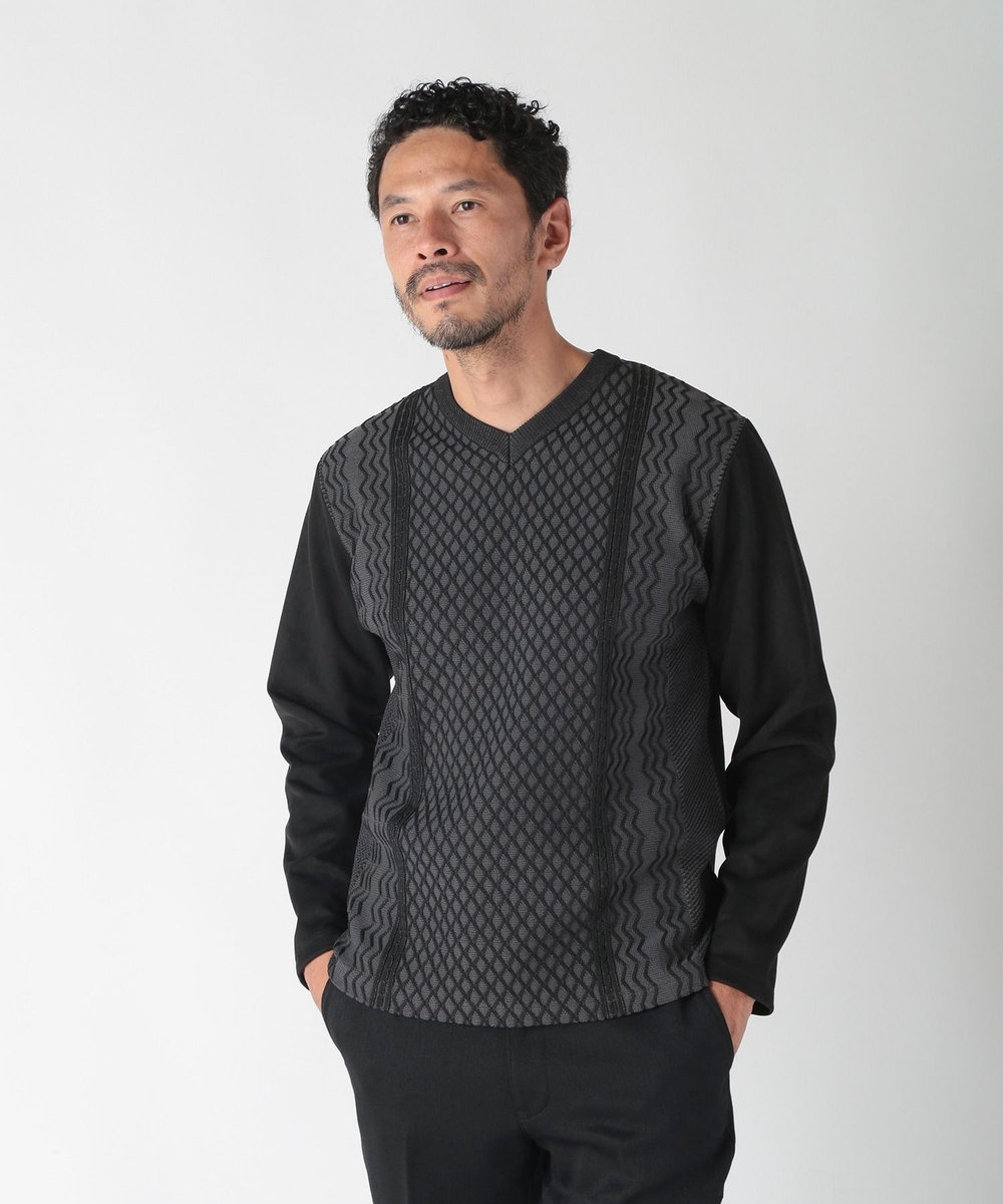 MEN'S BIGI ニット×フェイクスエードVネックカットソー ブラック