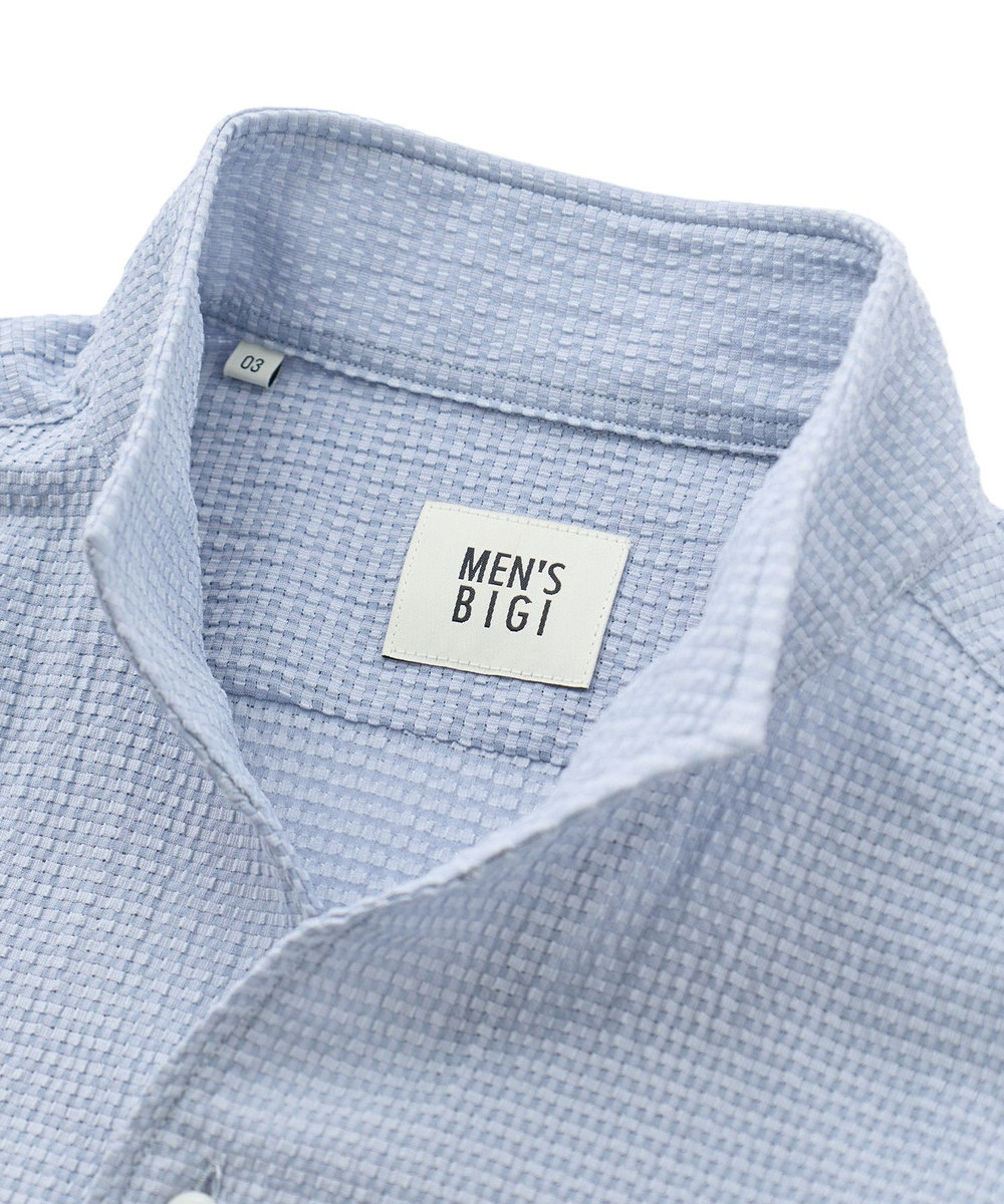 MEN'S BIGI ストレッチサッカー七分袖シャツ＜ストレッチ/通気性＞ サックスブルー