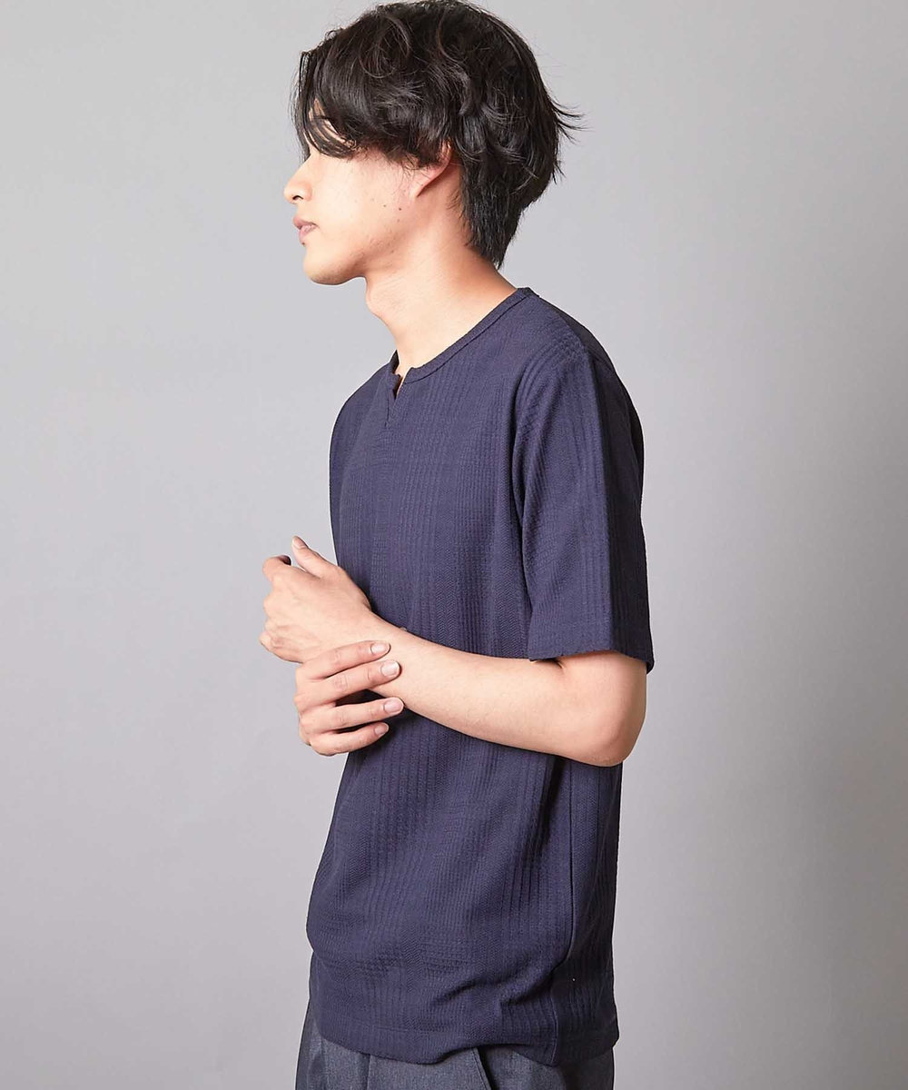 UNION STATION リンクスジャガード キーネックTシャツ ネイビー