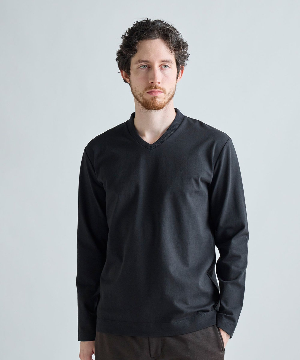 MEN'S BIGI アクティブテーラー シルケットスムース VネックロングTシャツ［シルケット加工/抗菌防臭/帯電防止］ ブラック