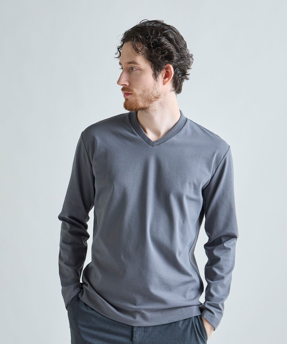 MEN'S BIGI アクティブテーラー シルケットスムース VネックロングTシャツ［シルケット加工/抗菌防臭/帯電防止］ グレー