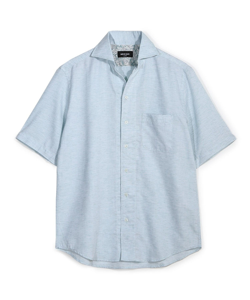 MEN'S BIGI ヘリンボーンワンピースカラーハーフスリーブシャツ グリーン