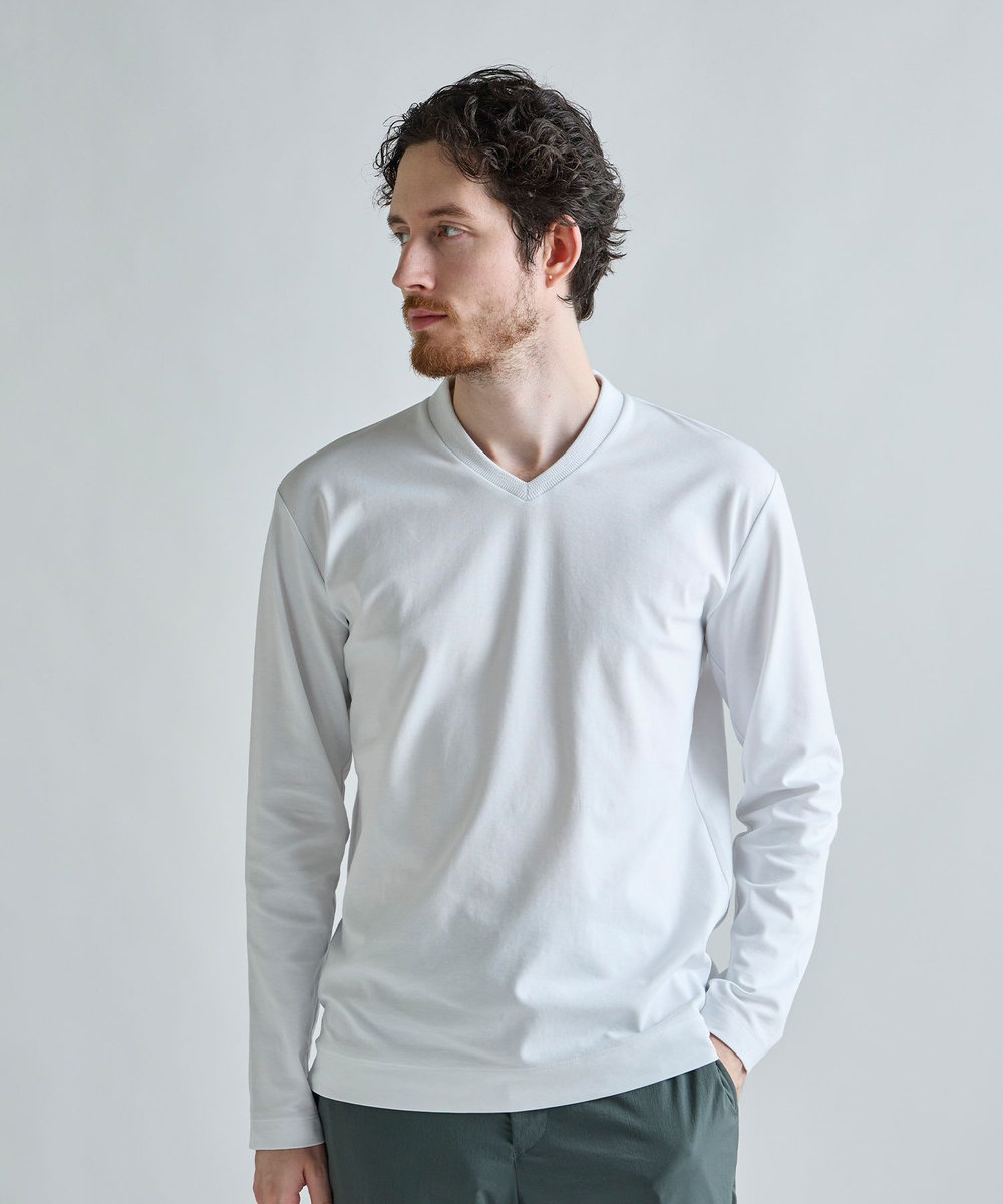 MEN'S BIGI アクティブテーラー シルケットスムース VネックロングTシャツ［シルケット加工/抗菌防臭/帯電防止］ ホワイト